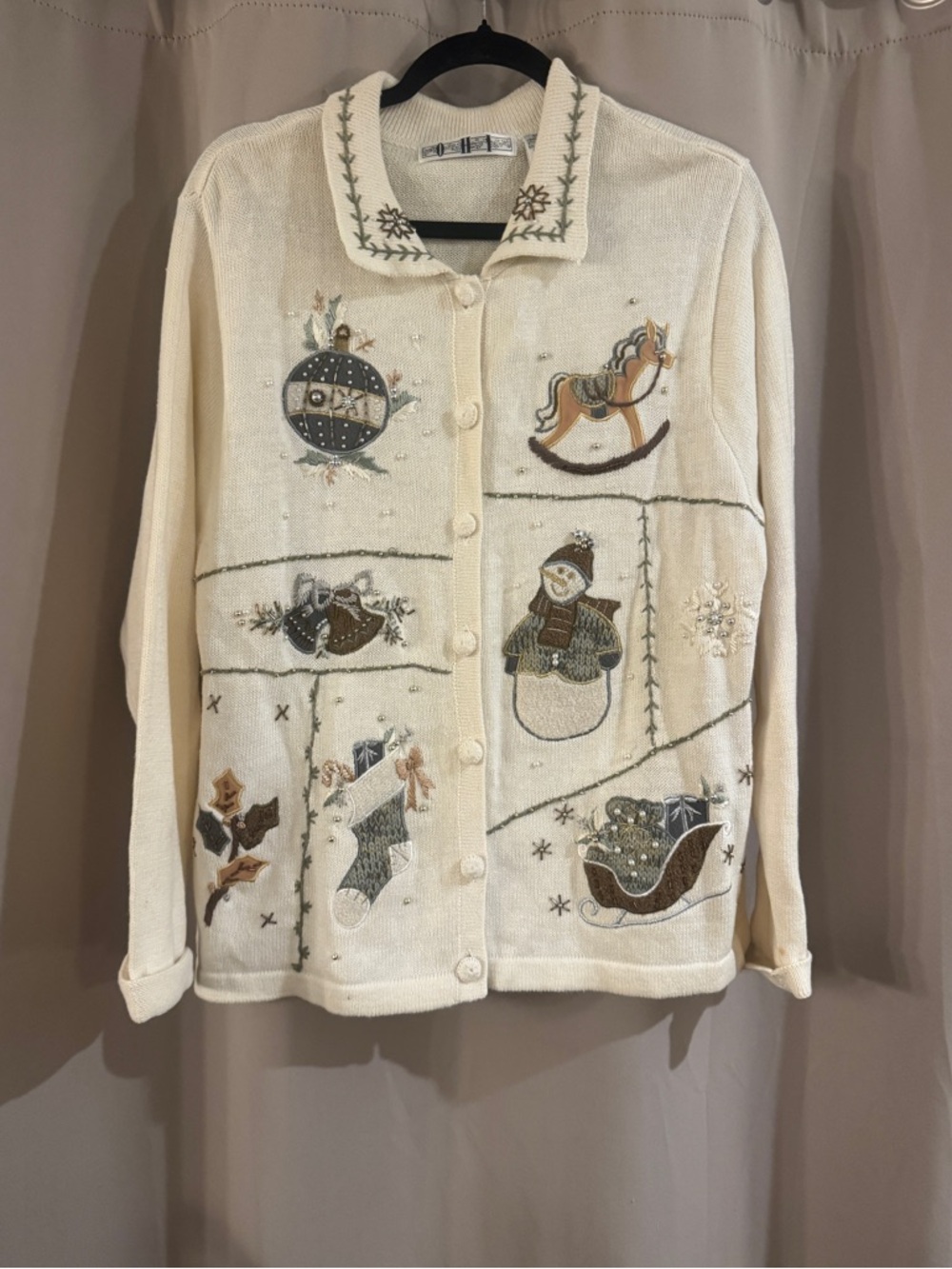 OHI  Cream Holiday Patchwork Embroidered Cardigan